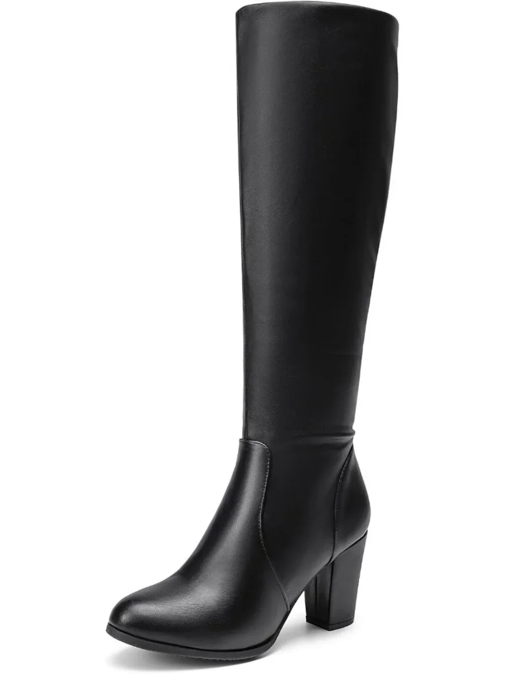 Women's Black Pu Faux Fur Lined Square Toe Side Zipper Knee High Riding Boots